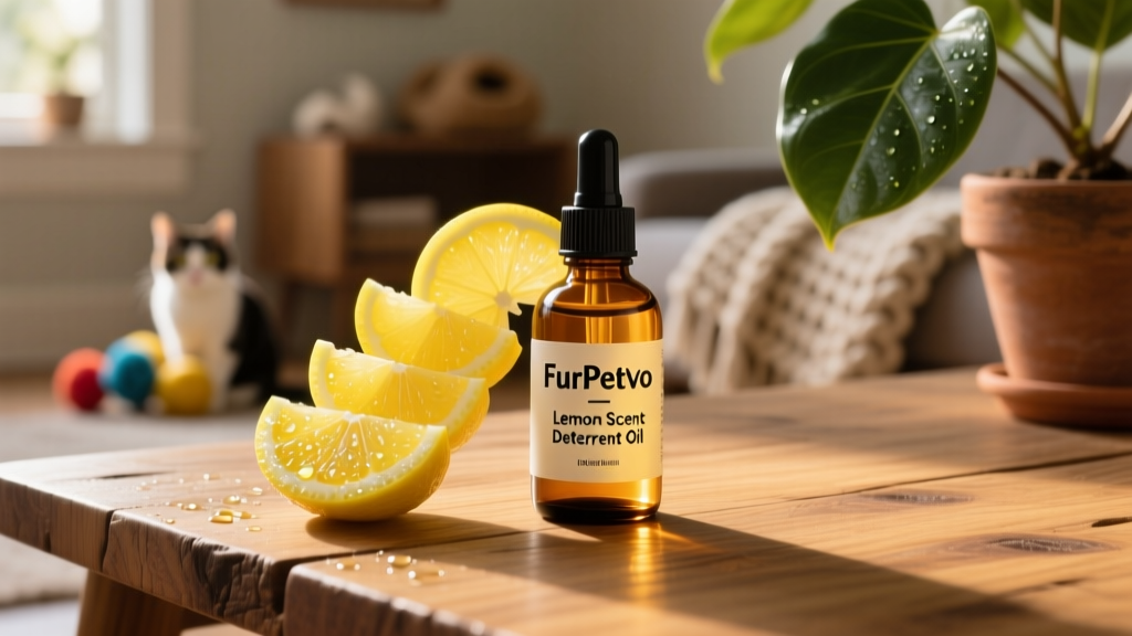 Fresh lemon slices and a small bottle of FurPetVo lemon-scented deterrent oil on a wooden table