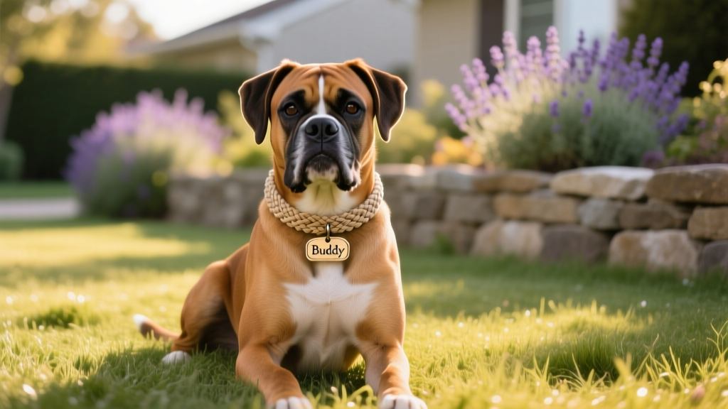 A gentle, well-groomed boxer sitting calmly on a grassy lawn, wearing a soft collar