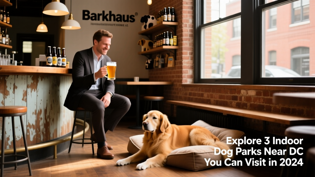 A cozy corner of Barkhaus showing a human enjoying a craft beer at a wooden bar while a golden retriever rests nearby