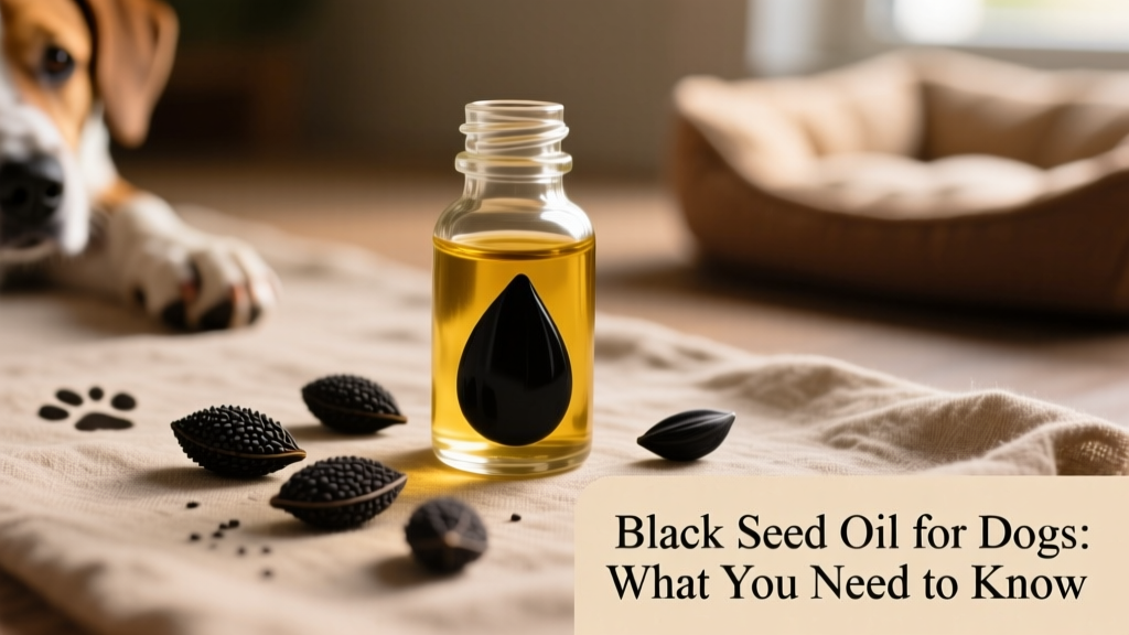 Close-up of dark, teardrop-shaped Nigella sativa seeds next to a small bottle of golden-black seed oil