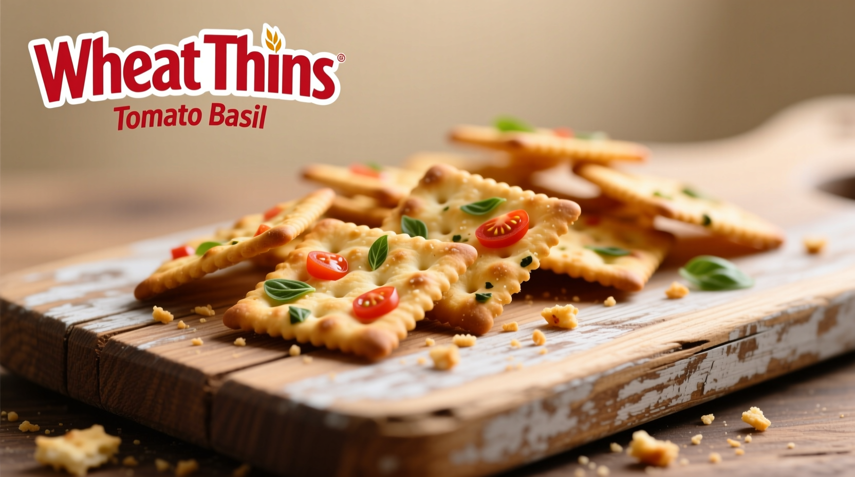Wheat Thins Tomato Basil crackers on wooden board