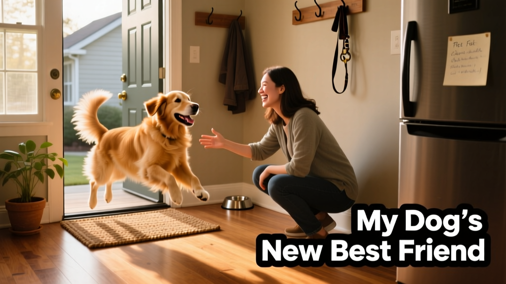 A joyful dog greeting a trusted pet sitter at the front door