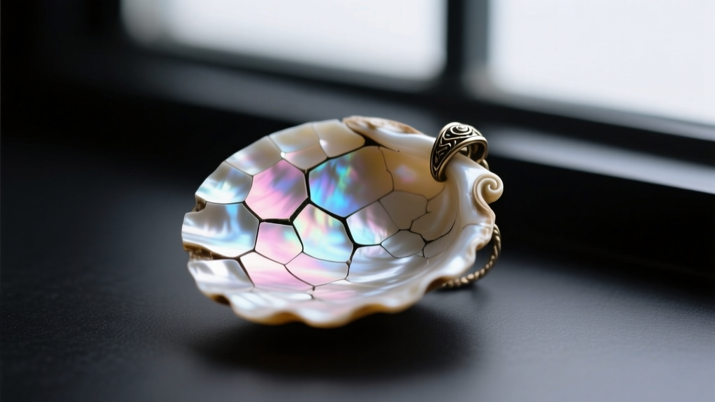 Side profile of delaminating antique mother of pearl pendant, showing micro-cracks and nacre peeling from the underlying shell.