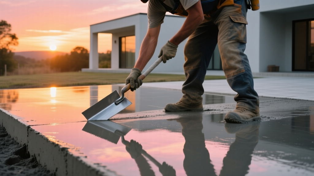 Concrete finisher using a steel trowel to create a smooth, glass-like surface on a freshly poured residential patio slab at sunset