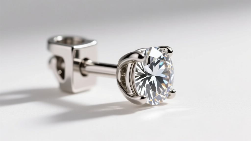 Side profile of a diamond stud secured by a platinum locking back, showing a thick 18-gauge post and reinforced metal sleeve.