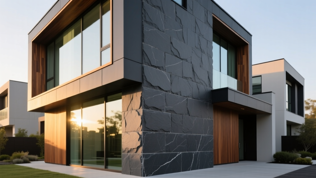 Sleek dark grey contemporary ledgestone veneer installed on a modern exterior facade with large glass windows and warm wood accents.