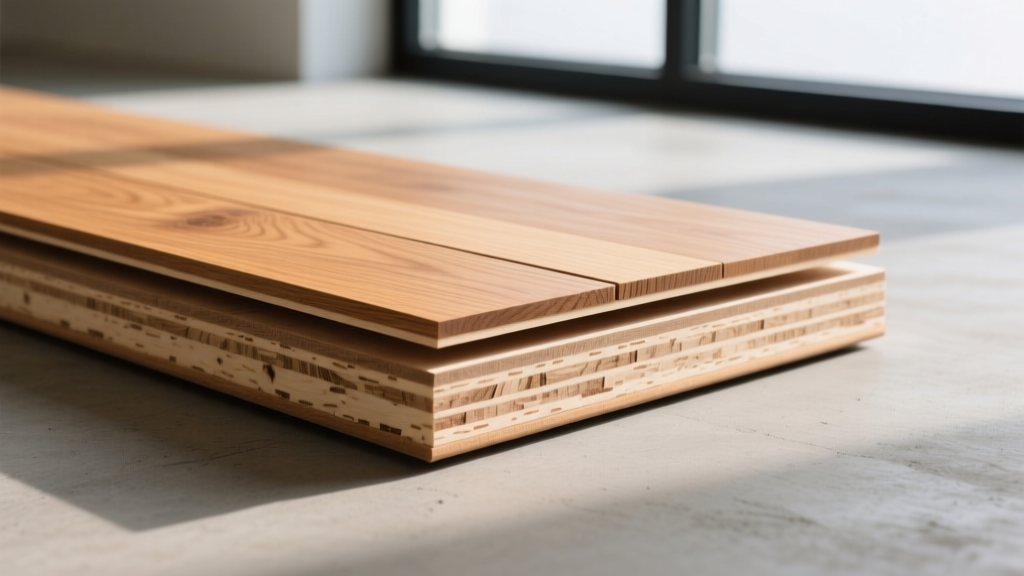 Cross-section of engineered oak wood flooring showing a 4mm sawn veneer top layer bonded to a multi-ply Baltic birch plywood core on concrete