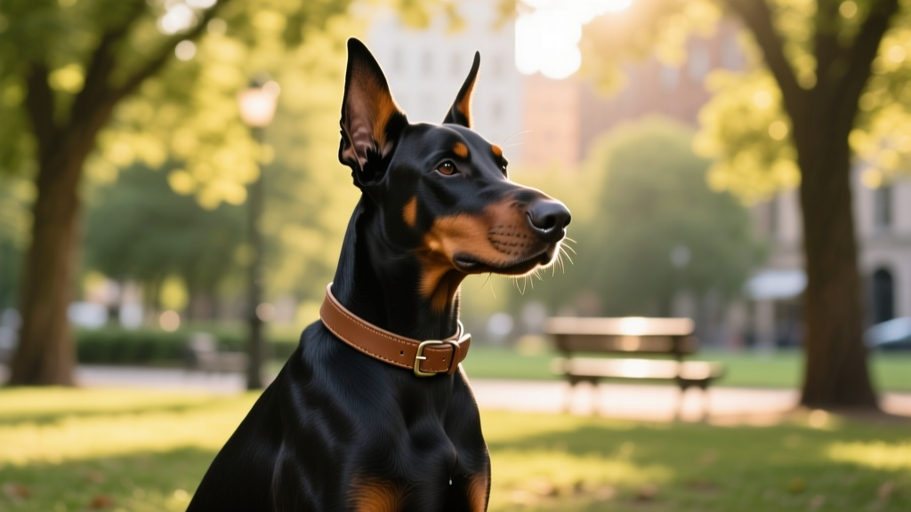 Doberman Pinscher sitting calmly in a sunlit park, ears alert and upright, wearing a simple brown collar