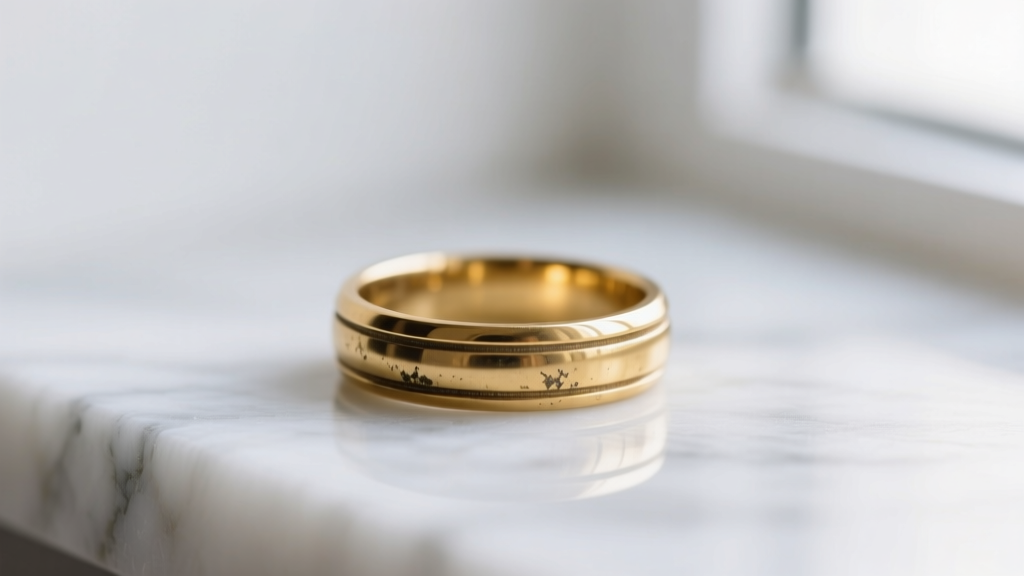 Macro shot of a gold plated brass ring showing slight inner band wear, resting on marble beside a printed jewelry care card
