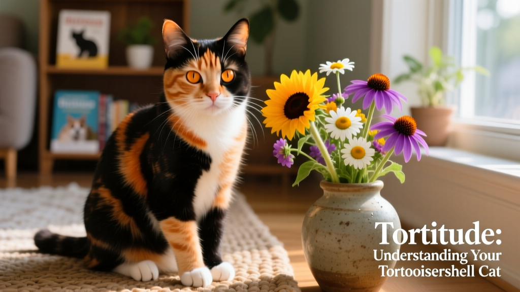 Close-up portrait of a tortoiseshell cat gazing thoughtfully beside a cluster of colorful flowers