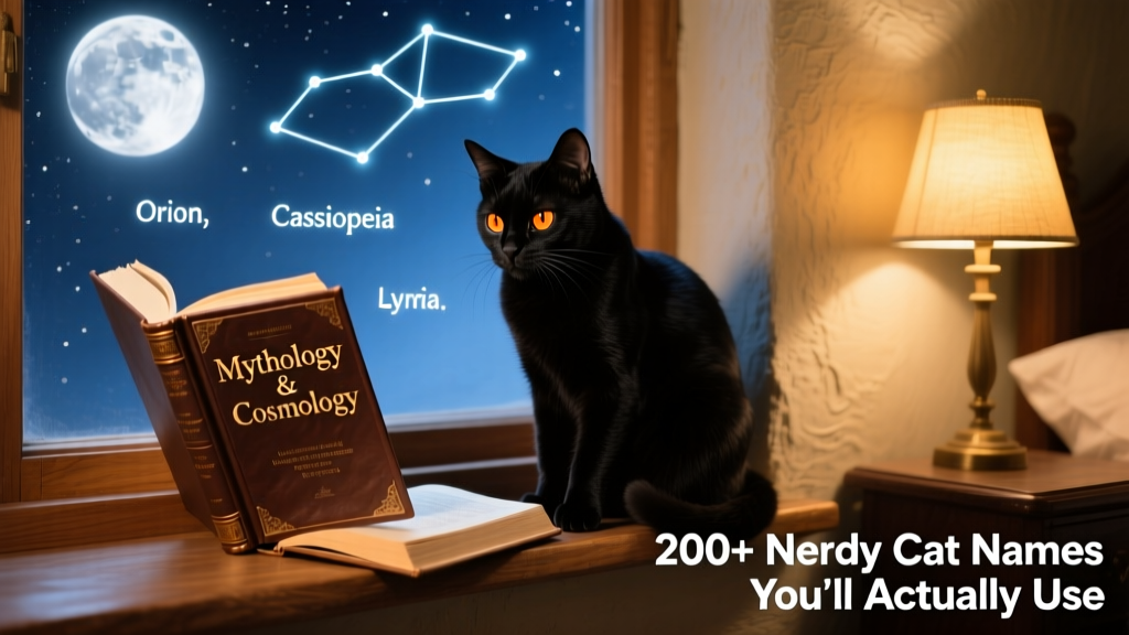 A sleek black cat perched on a moonlit windowsill beside an open book titled 'Mythology & Cosmology', with constellations glowing softly on the wall