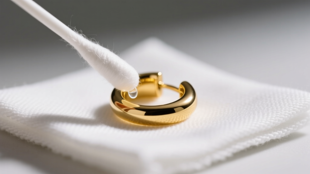 Cotton swab dipped in rubbing alcohol cleaning the post of a 14k yellow gold huggie earring resting on a white microfiber cloth.