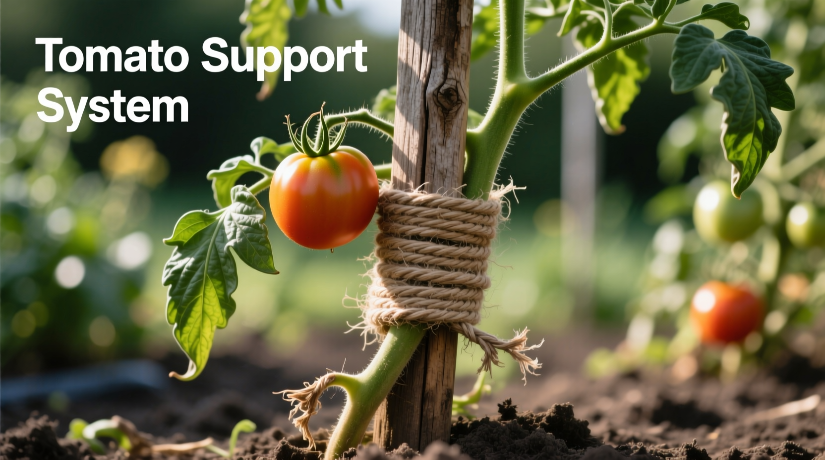 Tomato plant supported by wooden stake with twine