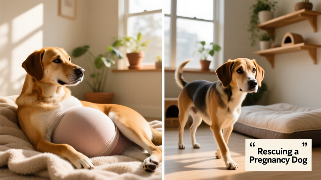 Side-by-side comparison: healthy pregnant dog resting comfortably vs. anxious dog showing signs of false pregnancy