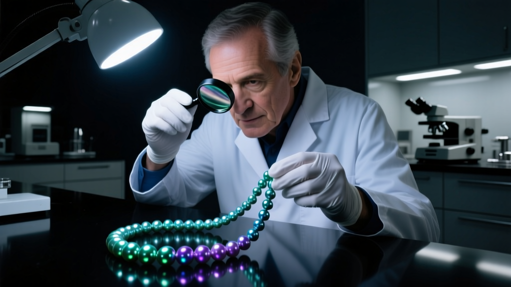 Gemologist examining a peacock-overtone Tahitian pearl strand under UV light in a dimly lit gemological laboratory setting