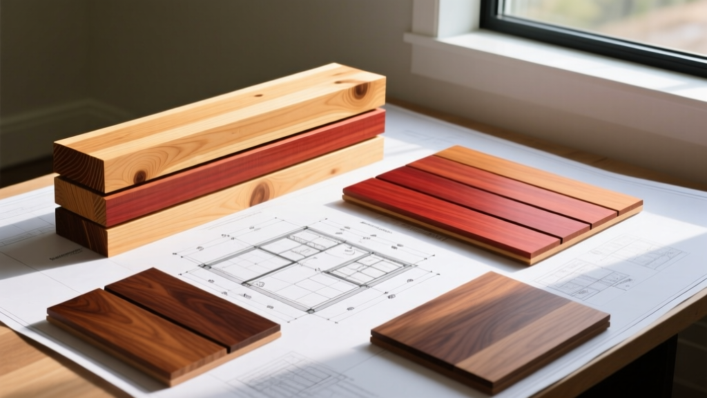 Organized stacks of structural Douglas Fir beams, Western Red Cedar siding, and finished Walnut flooring samples resting on architectural blueprints