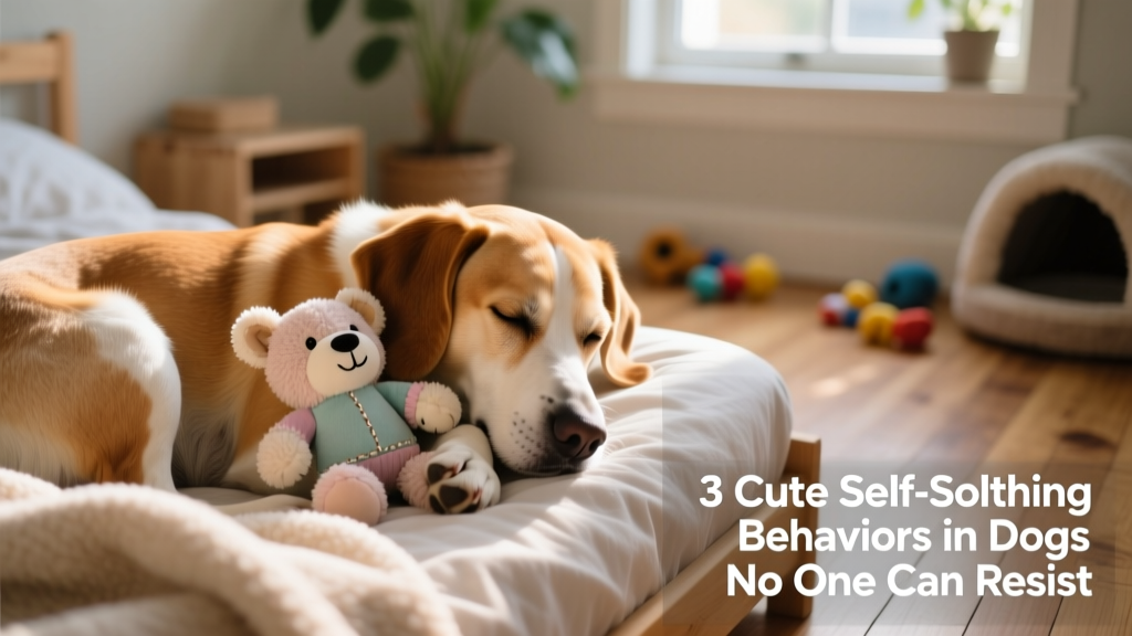 A relaxed dog curled up with a soft FurPetVo plush toy beside its bed
