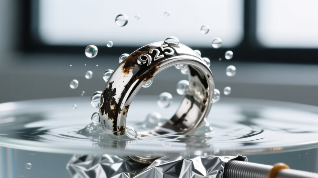 Electrolytic silver bath using aluminum foil, showing active bubbling around a submerged, heavily tarnished 925 sterling silver ring.