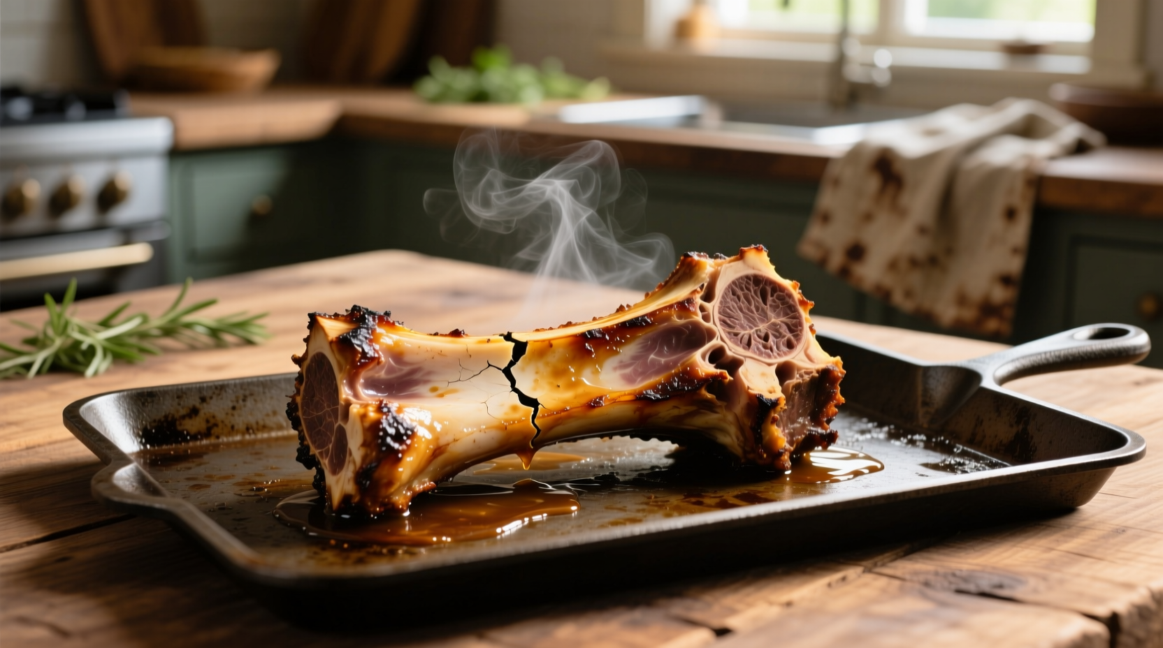 Perfectly roasted beef marrow bones on a baking sheet