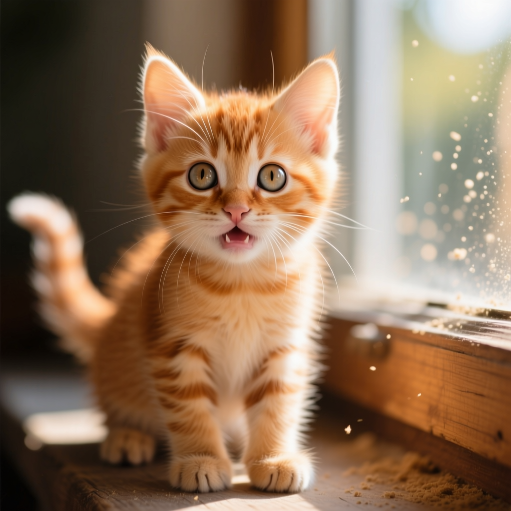 An adorable orange tabby kitten with big eyes looking curious and playful