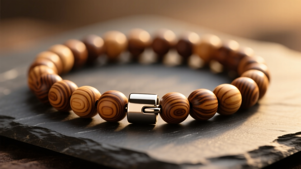 Macro shot of an 8mm sandalwood bead necklace on slate, showing natural wood grain and a matte titanium clasp in warm lighting.