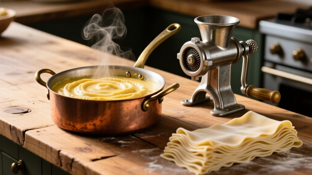 Rustic wooden counter displaying a copper saucier of creamy polenta, a stainless meat grinder, and fresh pasta sheets under warm light