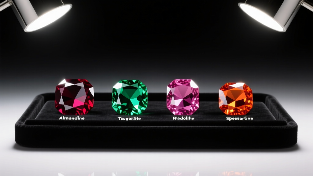 Almandine, tsavorite, rhodolite, and spessartine garnets on a black velvet gemological grading tray under bright daylight lamps.