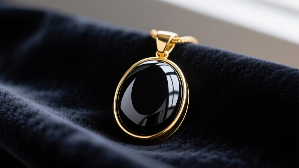 Black onyx pendant in a gold bezel on dark velvet, showing the deep, reflective surface luster and smooth cabochon cut.