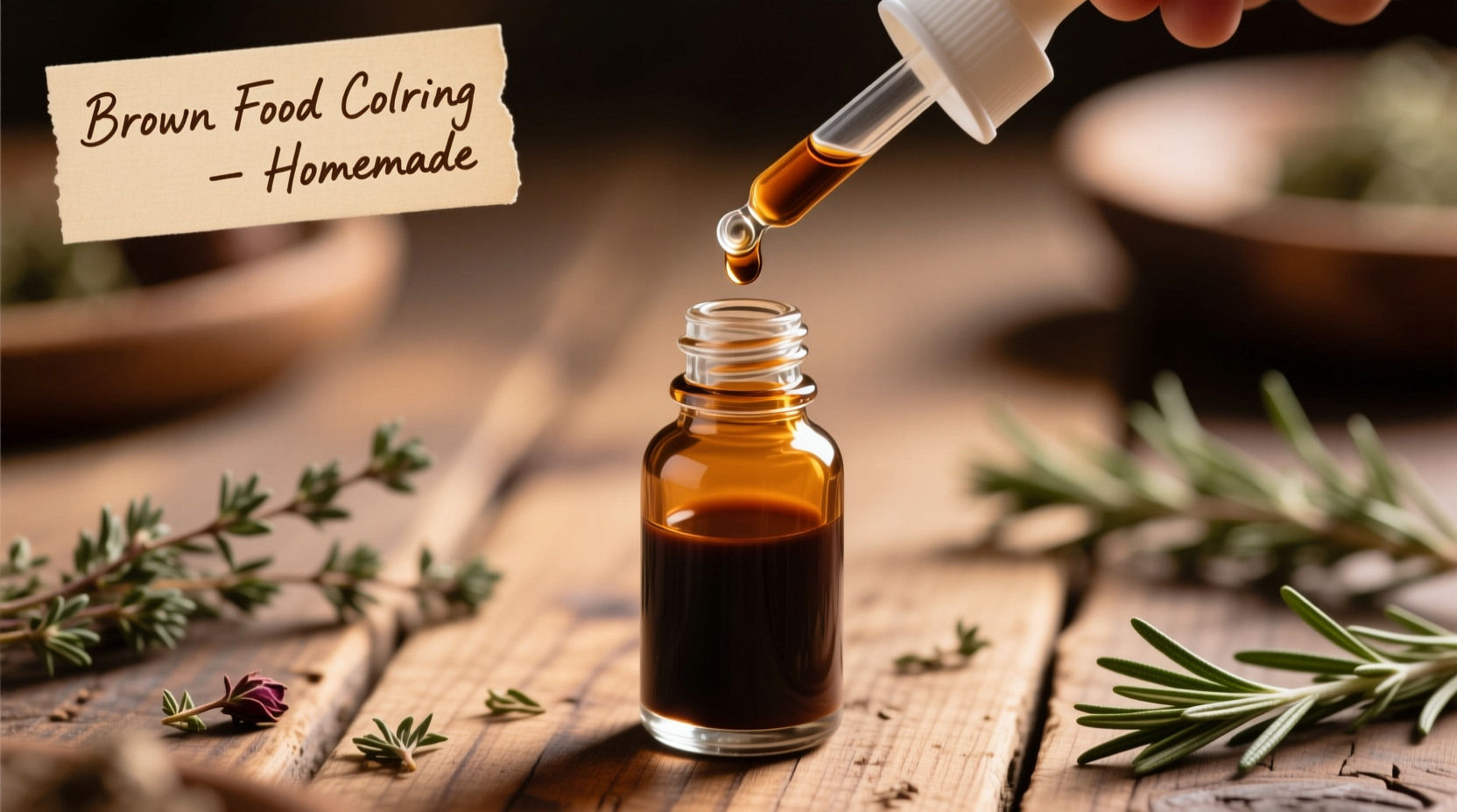Homemade brown food coloring in glass droppers