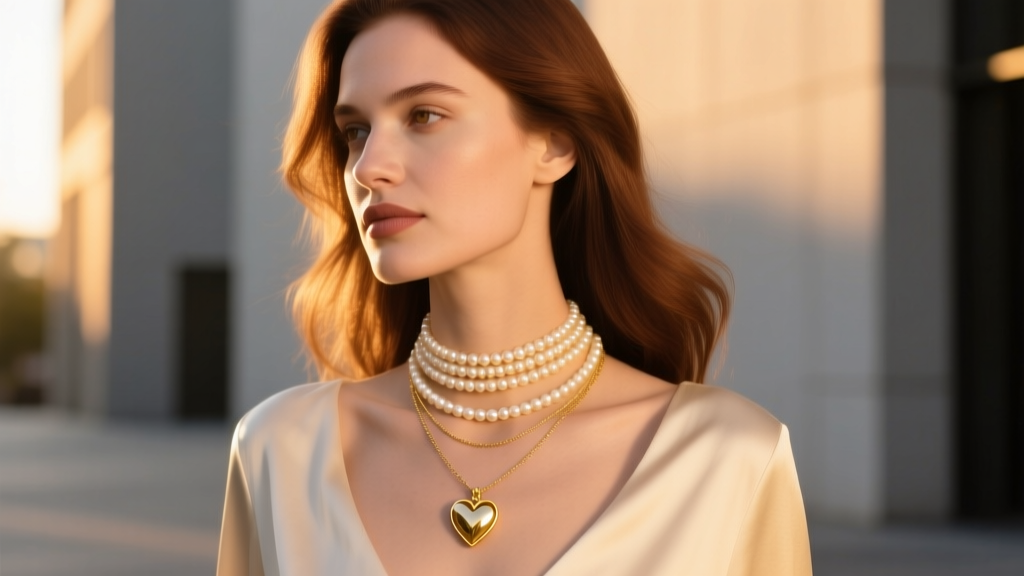 Woman wearing a layered necklace stack with a gold heart pendant and pearl choker, bathed in warm golden hour light, fashion shot.