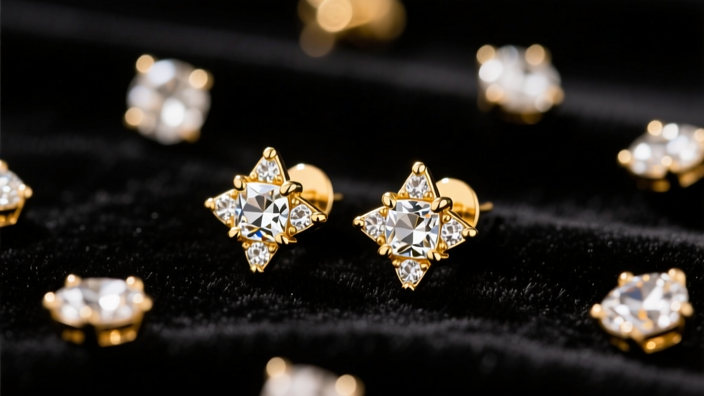 Macro photo of gold-tone Kate Spade confetti stud earrings scattered on black velvet, highlighting prong-set crystal details.