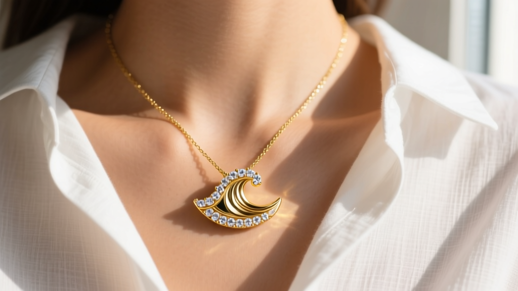 Close-up of an 18k gold surfs up necklace with a diamond wave pendant on sun-kissed collarbones against a white linen shirt