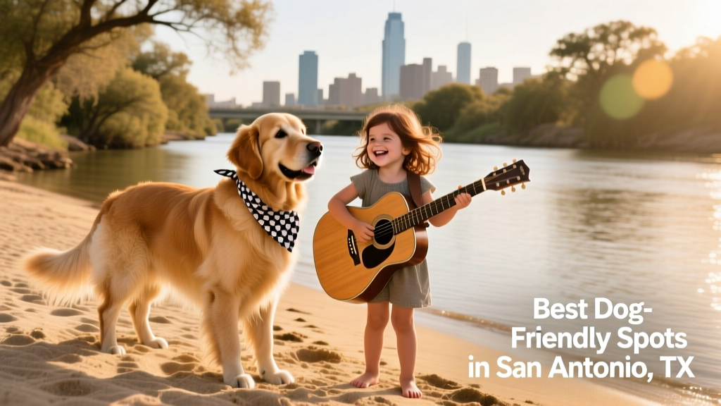 a Golden Retriever on a sandy river beach wearing a checkered neckerchief next to a little girl with a guitar