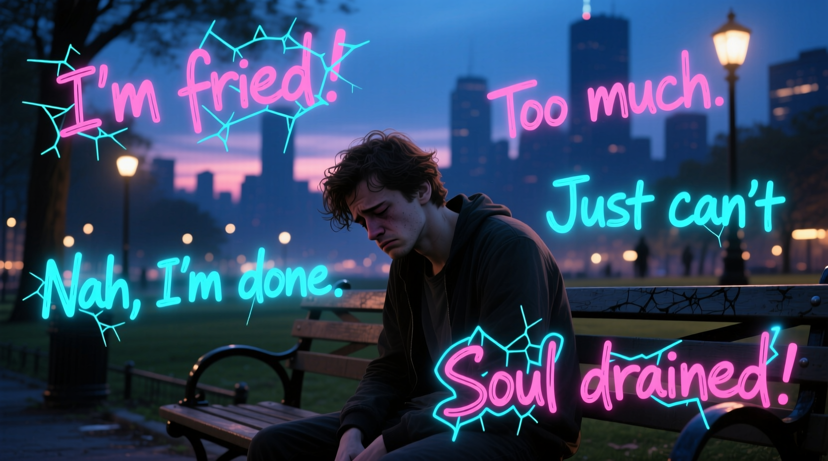 Person looking exhausted with slang terms floating around