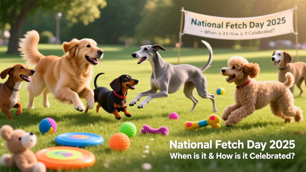 A diverse group of dogs of different breeds and sizes playing together in a grassy park, with colorful fetch toys scattered nearby