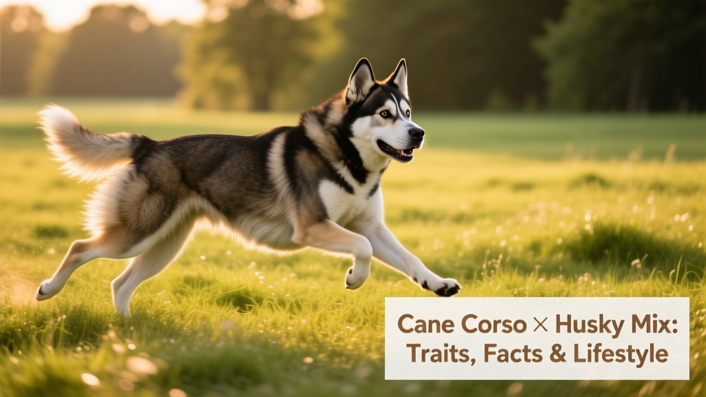 A playful Cane Corso Husky mix mid-trot in a grassy field, showcasing its athletic gait and thick double coat