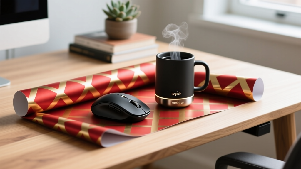 Festive Christmas wrapping paper surrounding a Logitech MX Anywhere 3S mouse and Ember smart mug on a minimalist oak home office desk