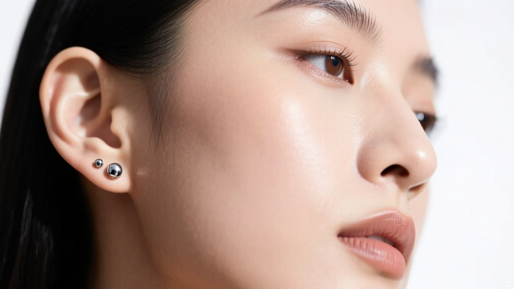 Woman wearing adjacent titanium studs in the lower lobe, showing minimal clearance and skin compression between polished jewelry