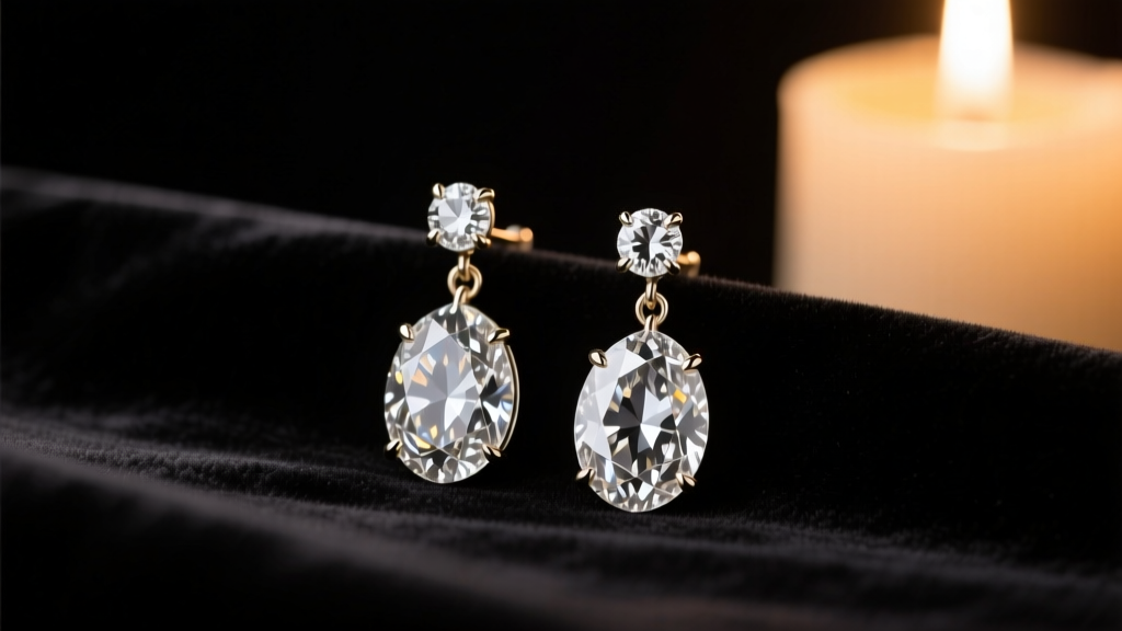 Elegant vintage diamond drop earrings resting on dark velvet, illuminated by soft candlelight to highlight old European cut facets