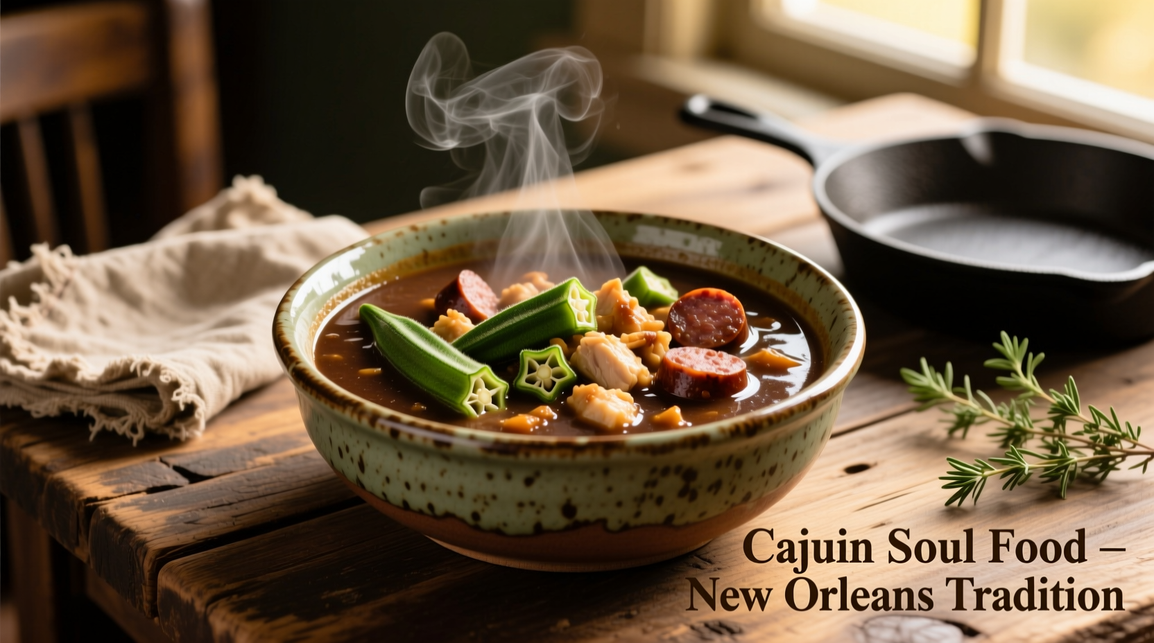 Traditional Louisiana gumbo in a ceramic bowl