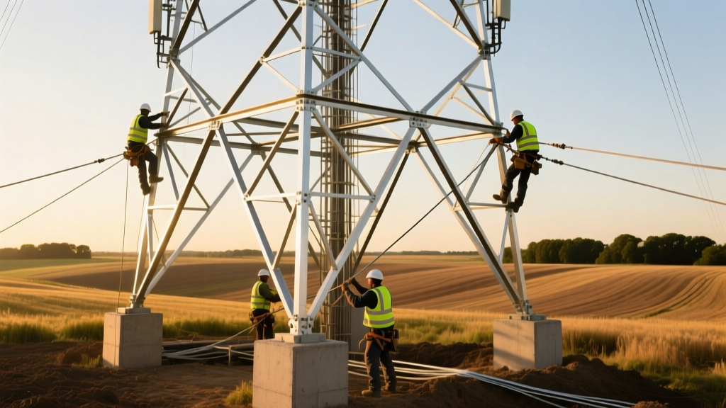 Steel guyed cell tower under construction in a rural field, with riggers tensioning galvanized guy wires attached to concrete anchors