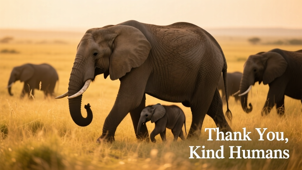 A multi-generational elephant herd walking together through golden grassland, with calves nestled close to adult females