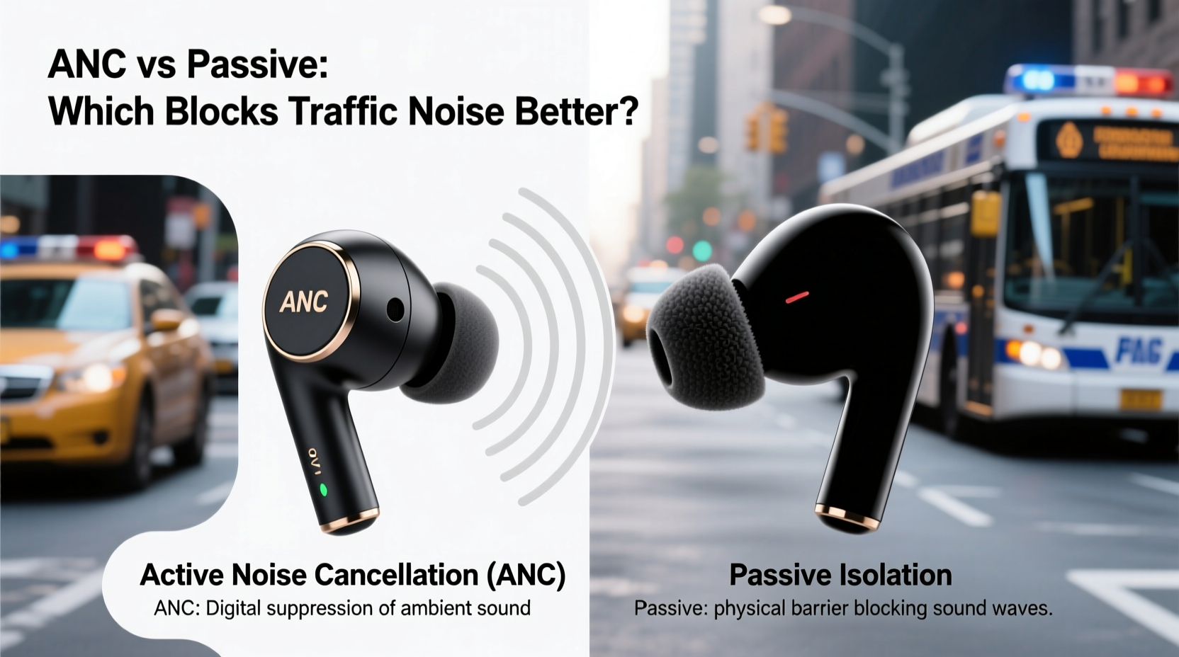 wireless earbuds with active noise cancellation vs passive isolation which blocks traffic noise better