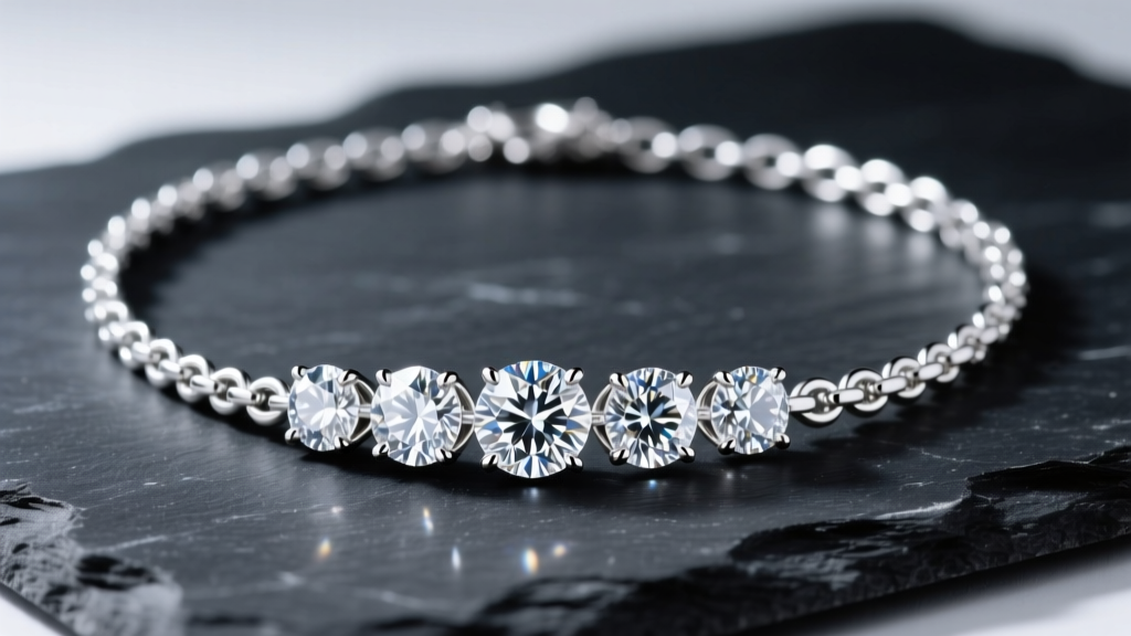 Studio-lit 5ct diamond tennis necklace on dark slate, highlighting 4-prong settings, white gold links, and brilliant stone sparkle