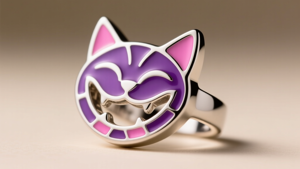 Macro shot of a Cheshire cat ear cuff made of 316L surgical steel with vibrant purple and pink cold enamel detailing