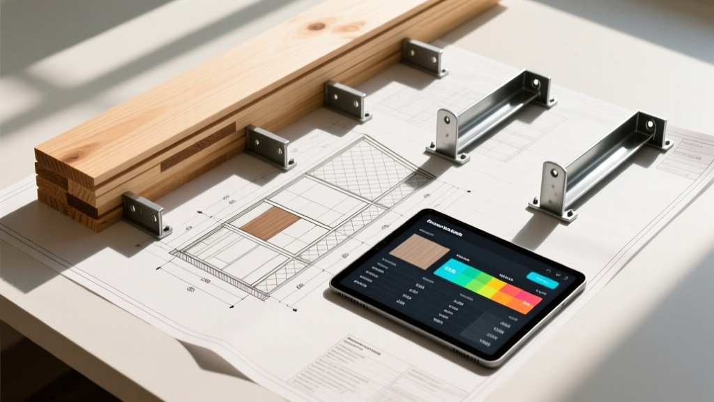Top-down view of architectural blueprints overlaid with stacked SPF lumber, metal joist hangers, and a digital tablet showing a material takeoff