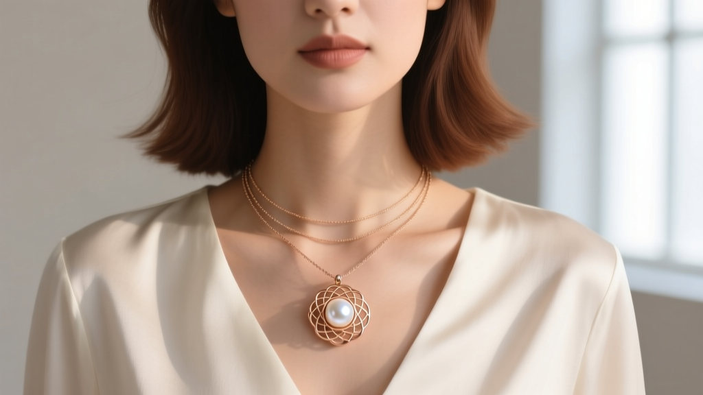 A woman wearing a layered necklace stack featuring a minimalist rose gold caged pearl pendant resting perfectly on her collarbone