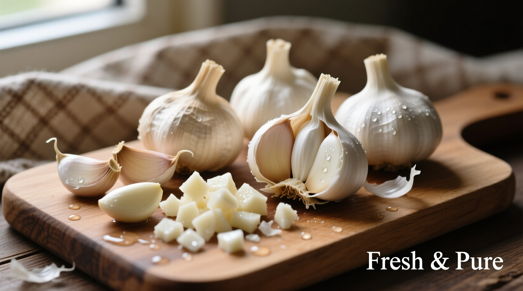 Fresh garlic cloves with husks and chopped pieces
