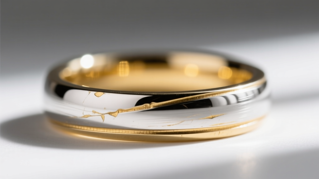 Close-up of a worn 18k white gold ring band showing the pale yellow alloy underneath the fading rhodium plating near the edges.