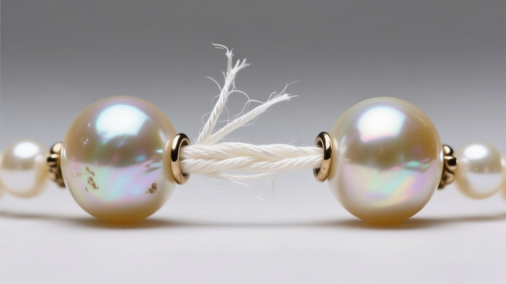 Macro shot of frayed white silk thread between two vintage pearls on an old pearl necklace, highlighting the need for restringing.
